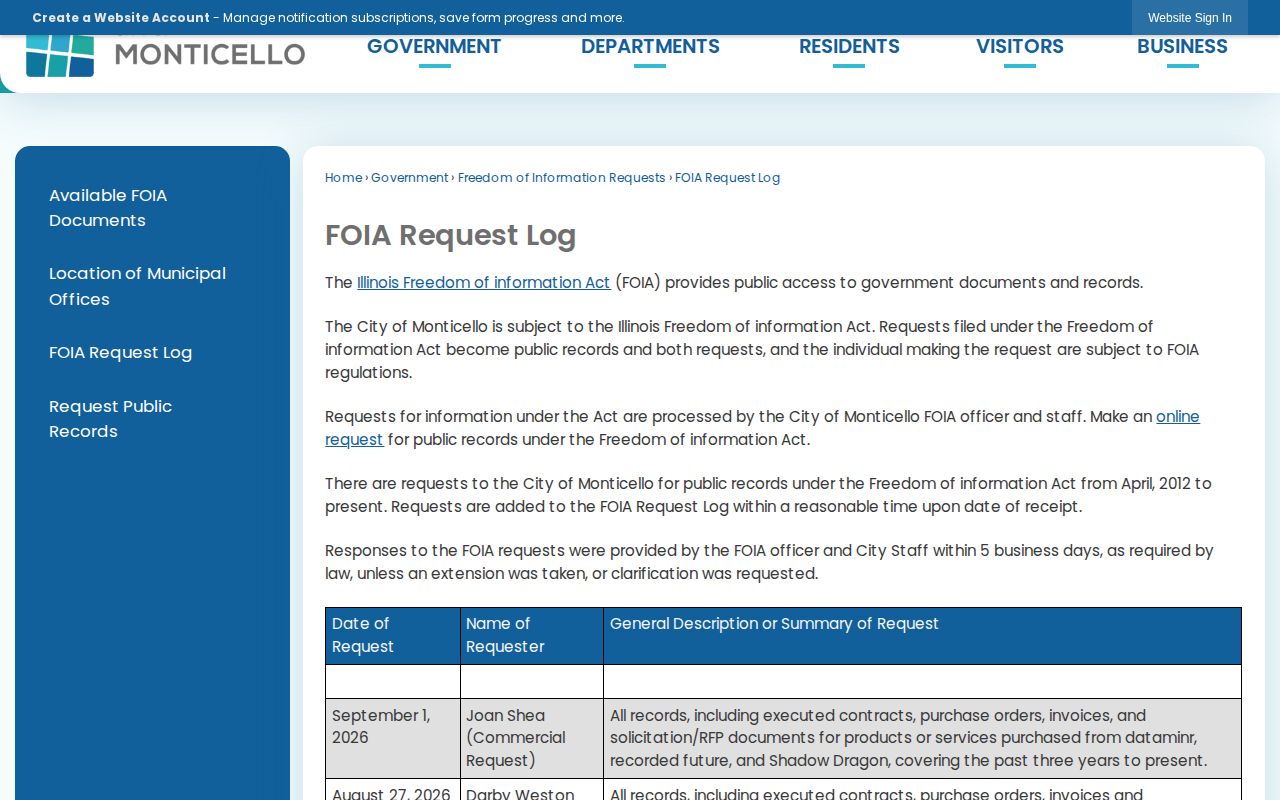 Monticello official FOIA request log page