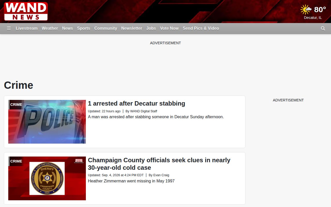 WAND-TV Crime section with regional news headlines